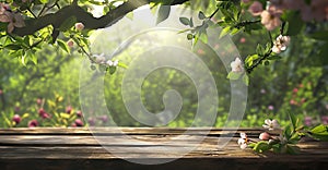 Spring green nature. An empty wooden table sits amidst nature