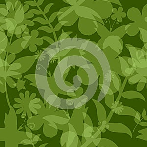 Spring green seamless background with flowers, leaves and butterfly