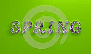 Spring green word text with lilac flowers (lettering concept)