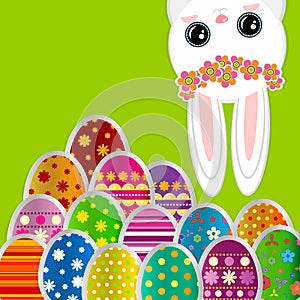 Spring greeting background with Easter eggs and a cute little white bunny. Festive paper images of decorated eggs and rabbit on a
