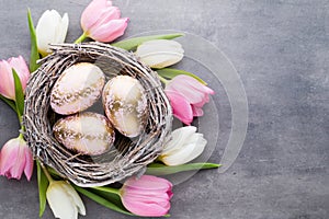 Spring greeting card. Easter eggs in the nest. Spring flowers tu