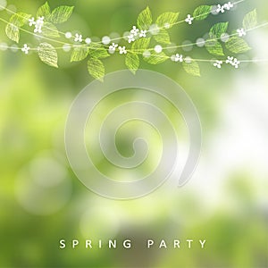 Spring greeting card, invitation. String of lights, leaves and cherry blossoms. Modern blurred background, garden party