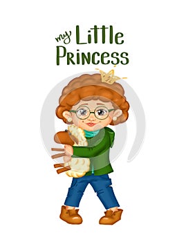 Spring hand drawn clip art girl with curly hair in glasses holding sheep toy for spring greeting card, seasonal promo banner,