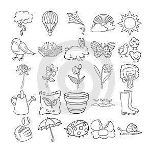 Spring Hand Drawn Doodle Line Art Outline Set