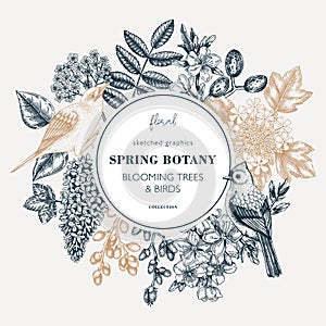 Spring hand drawn wreath template. Floral frame designs with birds, flowers, leaves and blooming tree branches. Vintage almond,