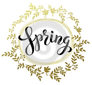 Spring handwritten black brash pen summering Spring in golden wreath Vector illustration