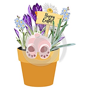 Spring Happy Easter design element, bunny in pot with grasses, crocus, forget-me-not and chamomile flowers.
