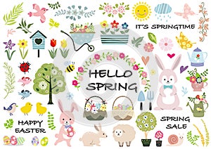 Spring And Happy Easter Vector Illustration Set With Flowers, Birds, Butterflies, Gardening Tools, Easter Bunny, And Other Cute Ch