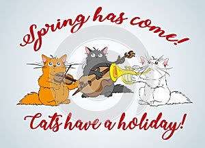 Spring has come. Vector set of cute spring cats.