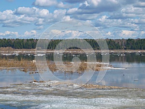 Spring. High water. Ice drift on Siberian river Yenisei. April.