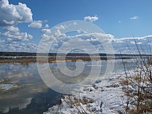 Spring. High water. Ice drift on Siberian river Yenisei. April.