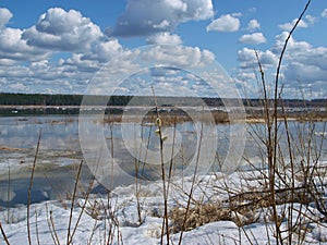 Spring. High water. Ice drift on Siberian river Yenisei. April.