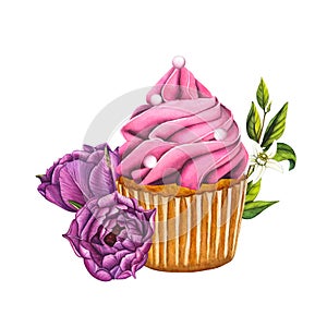 Spring Holiday cupcakes with flowers and sprinkles. Watercolor illustration sweet muffin with pink peon and butter cream