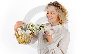 Spring holiday. Happy Easter day. Smiling woman with basket eggs bunny rabbit. Tradition of Easters.