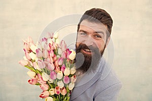Spring holiday. Man bearded suit bow tie hold tulip flowers bouquet. Gentleman romantic surprise for her. Flowers
