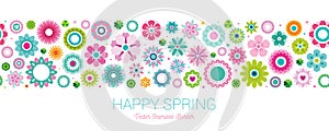 Spring horizontal seamless banner template with colorful flowers background.