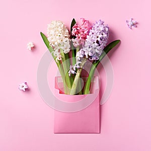 Spring hyacinth flowers in pink postal envelope over punchy pastel background with copy space. Top view, flat lay. Square crop.