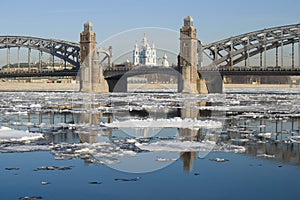 Spring ice drift at Bolsheokhtinsky Bridge. St. Petersburg, Russia