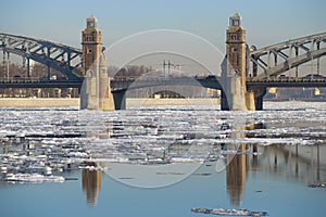 Spring ice drift near the Bolsheokhtinsky bridge. Saint Petersburg