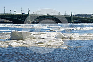 Spring ice drift near the Troitsky Bridge. April in St. Petersburg