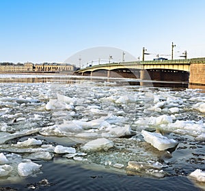 Spring ice floes on the River Neva in St Petersburg