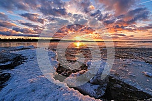 Spring ice Gauja river after sunset observing