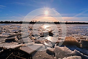 Spring ice Gauja river after sunset observing