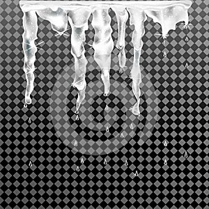 Spring icicles, ice water dripping in the sun. Transparent background. Vector illustration.