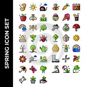 Spring icon set include egg,sun,snail,apple,bee,grass,rainbow,dragonfly,flowers,clover,bug,turbine,sunflower,farm,landscape,