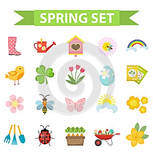 Spring icons set, flat style. Gardening cute collection of design elements, isolated on white background. Nature clip