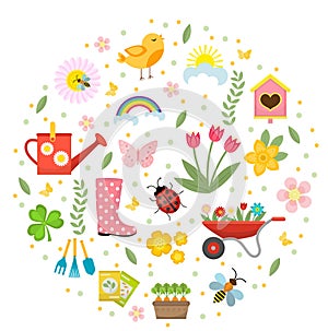 Spring icons set in round shape, flat style. Gardening cute collection of design elements, isolated on white background