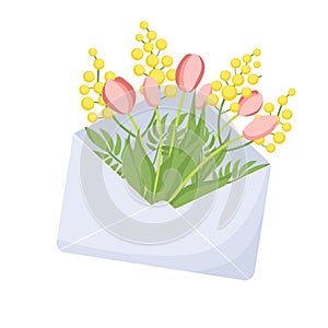 Spring illustration with flowers in an envelope. Tulips and mimosa. Flat style