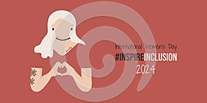 Spring InspireInclusion International Women\'s Day banner. Woman fold her hands heart IWD 2024. Lady with white albino skin