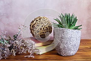 Spring interior design. Cozy home decor. Books, dried flowers and potted houseplant on wooden table.