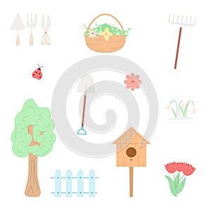 Spring isolated elements set in flat design. Collection of cute spring elements. Gardening tools, flowers, ladybug, birdhouse and