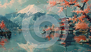 Spring in japan, art illustration, oriental. AI generative