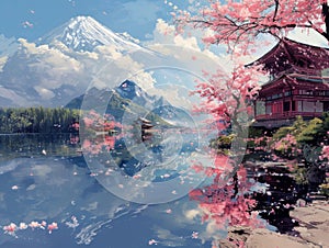 Spring in japan, art illustration, oriental. AI generative