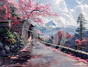 Spring in japan, art illustration, oriental. AI generative