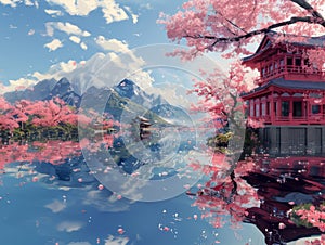 Spring in japan, art illustration, oriental. AI generative