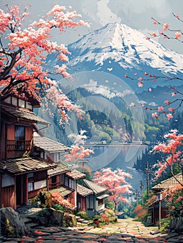 Spring in Japan, oriental. Mountains, rocks. Art, AI illustration
