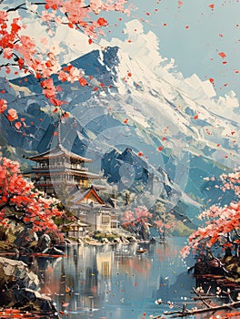 Spring in Japan, oriental spring. Mountains. Art, AI illustration