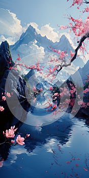 Spring in Japan, oriental spring. Mountains rocks. Art, AI illustration