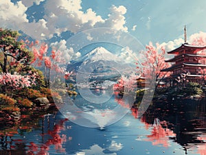 Spring in Japan, oriental spring. Mountains rocks. Art, AI illustration