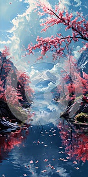 Spring in Japan, oriental spring. Mountains rocks. Art, AI illustration