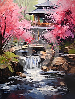 Spring in the Japanese garden. Oil painting in impressionism style. Vertical composition