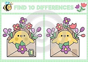 Spring kawaii find differences game for children. Attention skills activity with cute chick in envelope with flowers. Garden