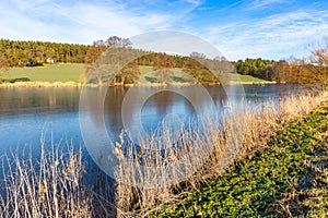 Spring lake in czech countryside. Blue sky, green field and frozen water