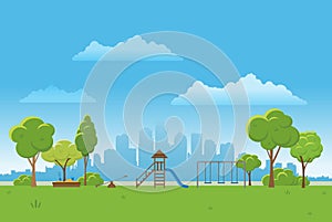 Spring landscape background. Public park Vector illustration. city in background