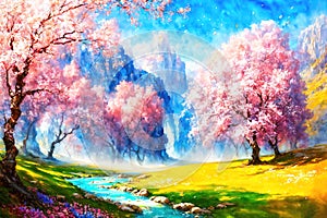 Spring landscape with blooming cherry trees, sakura tree, stylized oil on canvas, forest in sunny day