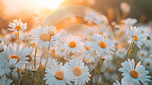 Spring landscape of blooming daisies in a meadow.